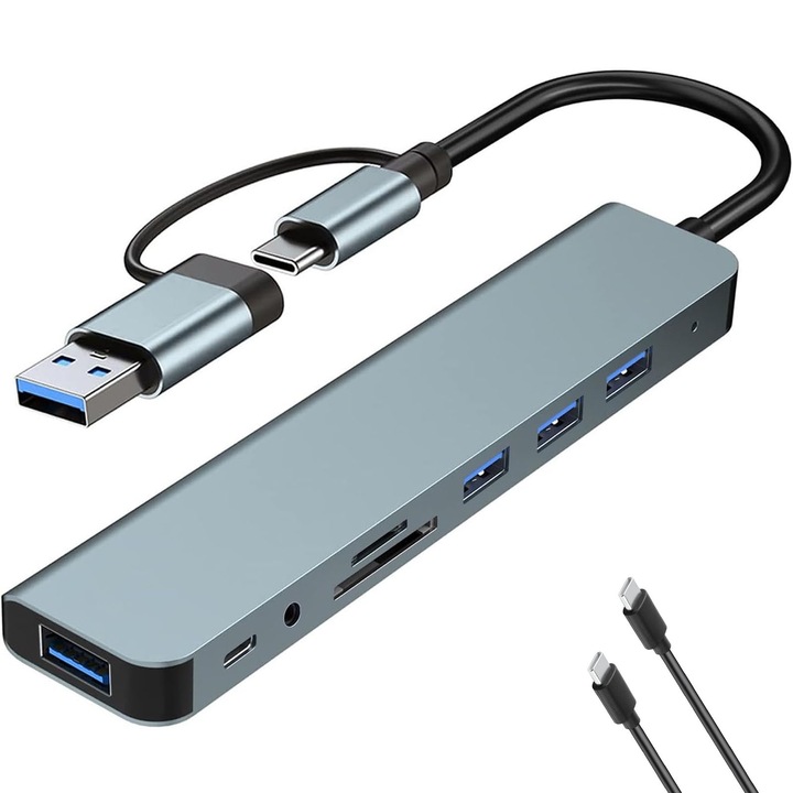 8 в 1 многопортов хъб адаптер, Hggzeg, Медиен хъб, С usb-c кабел, USB-C/USB, SD/TF четец на карти, 3 USB 2.0, 1 USB 3.0, 3,5 мм аудио, Plug and play, Докинг станция за лаптоп, таблет, телефон, Метален, 28 × 10 × 138 мм, Сив