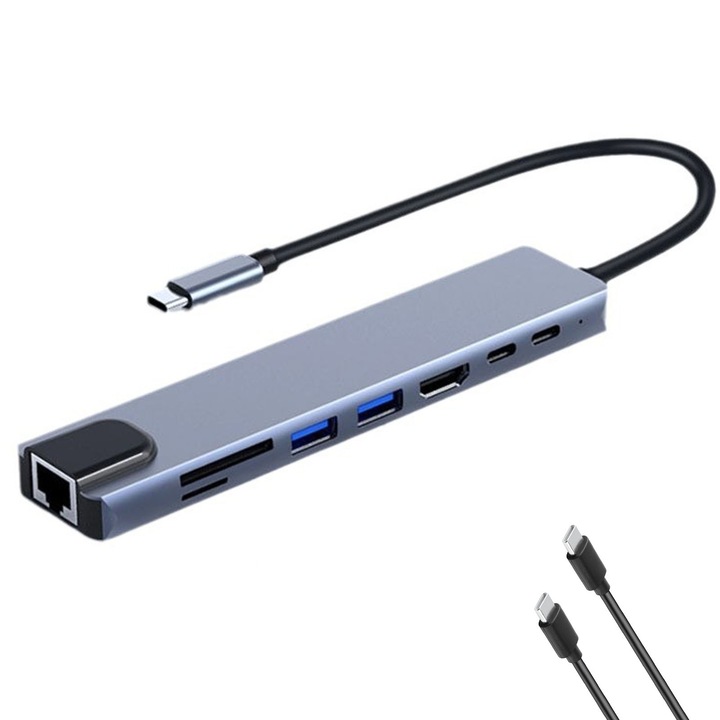 8 в 1 многопортов хъб адаптер, Hggzeg, Медиен хъб, С usb-c кабел, PD 100W порт за зареждане, HDMI 4K, RJ45 Ethernet, SD/TF четец на карти, 1 USB 2.0, 1 USB 3.0, 1 USB-C Data, Plug and play, Докинг станция за лаптоп таблет, Метален, 11 × 32 × 152 mm, Сив