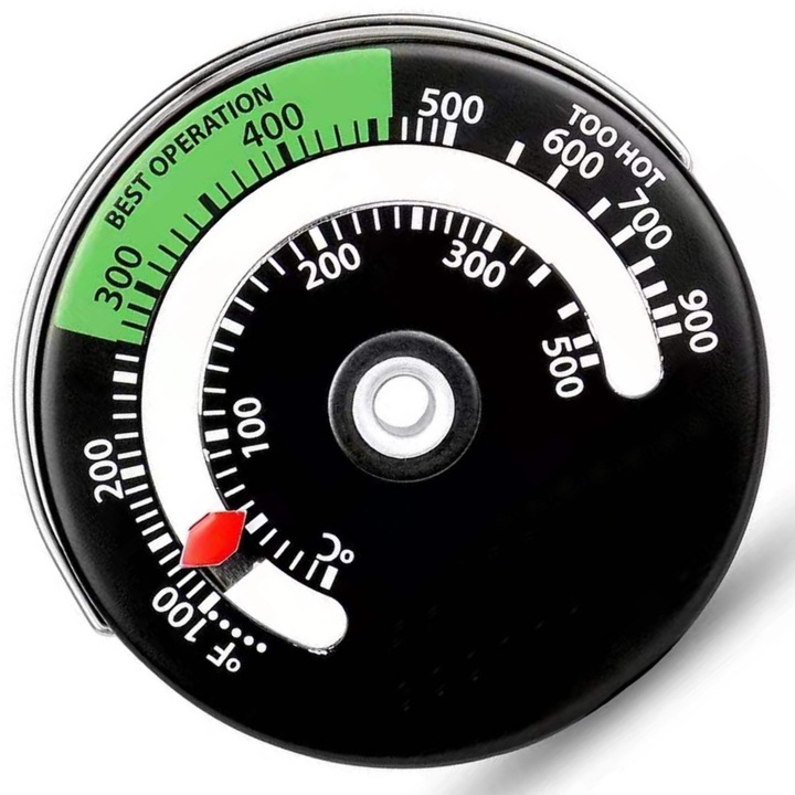 Termometru pentru soba, aluminiu, prindere cu magnet, 100-900 grade, Ventilator de semineu, magnetic, negru