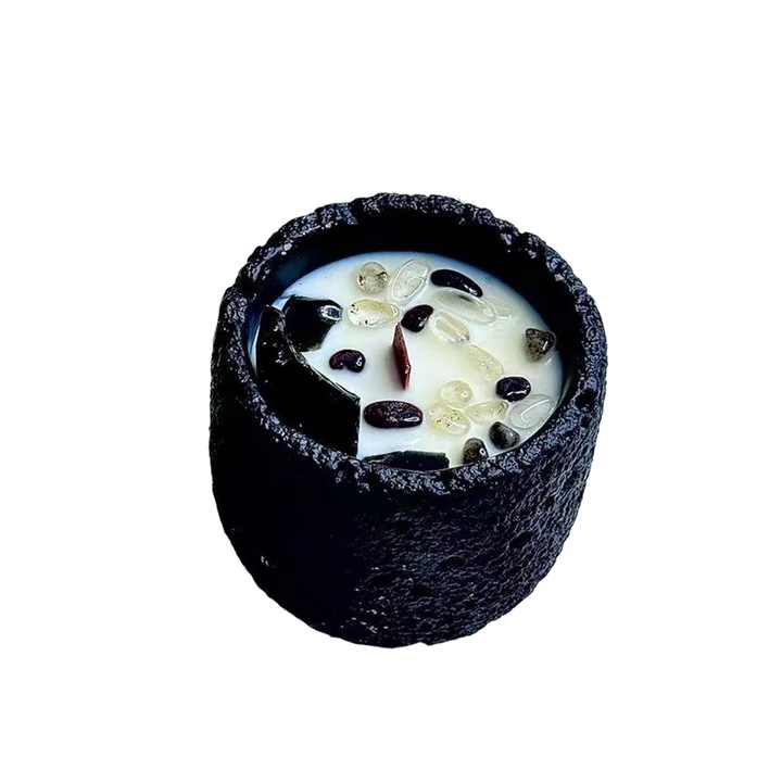 Ароматна свещ с кристал от обсидиан, разсейва негативната енергия, привлича богатство, прогонва злите духове и успокоява къщата, парфюм, абаносово агарово дърво + тибетски санскритски тамян, общо тегло 497гр.