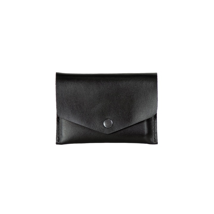 Port card cu inchidere din piele naturala, Inleather, 10.5 x 7.5 cm, Negru