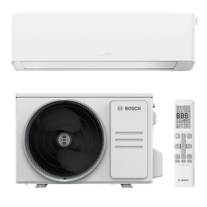 Aparat de aer conditionat Bosch Climate 7000i, 12000 BTU Wi-Fi, Clasa A+++/A+++, functie Save Plus, functie Power Control, Wind Avoid Me,3D Airflow, i-Clean, Follow me, alb