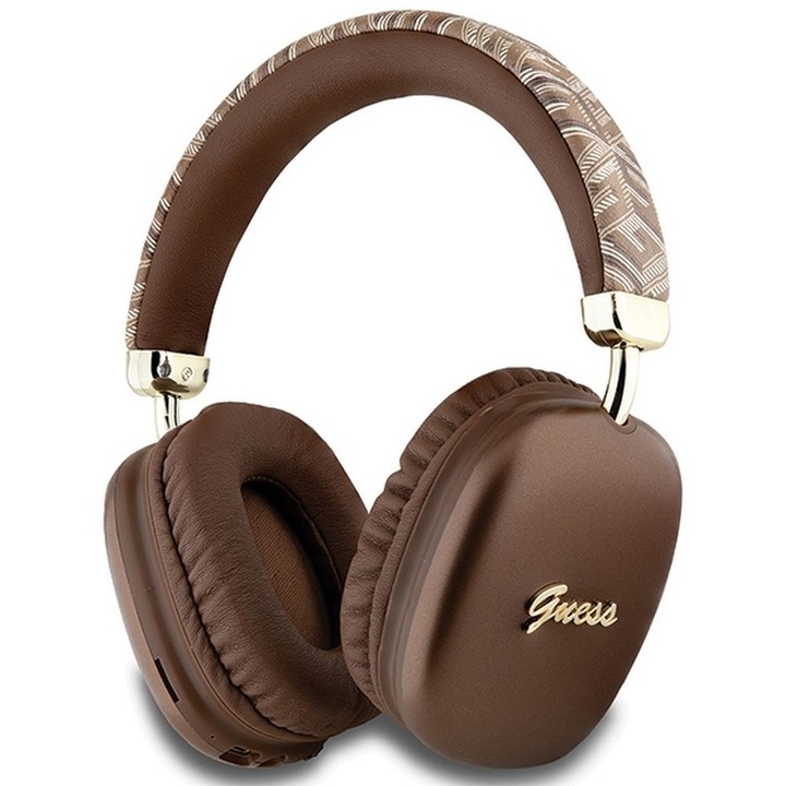 Безжични слушалки Guess, Bluetooth, лого Gcube Metallic Script, кафяво