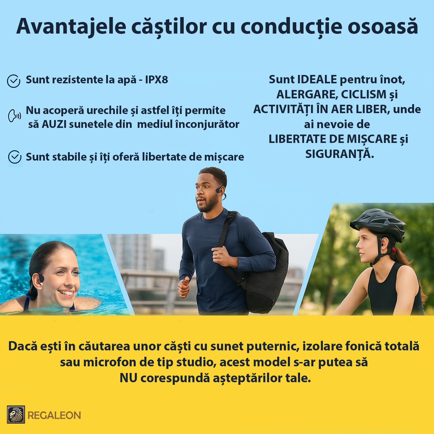 Casti cu Conductie Osoasa REGALEON X7, Wireless Bluetooth 5.3, IPX8 ...