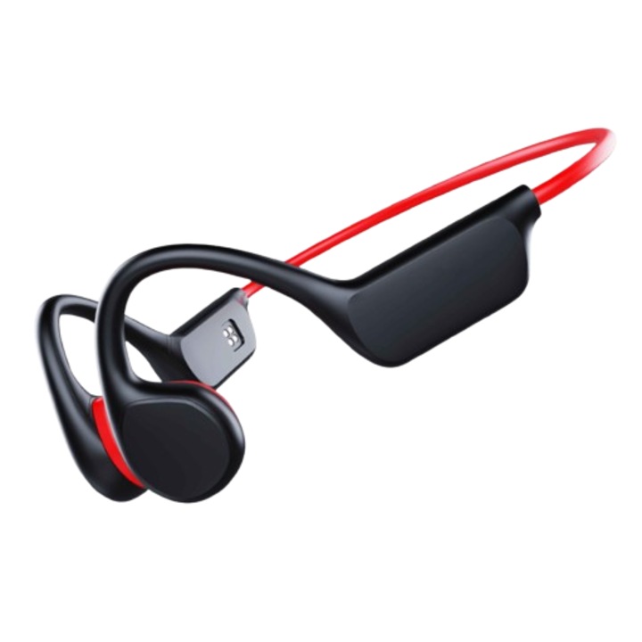 Слушалки REGALEON® Vibration Bone Conduction, с вграден микрофон, IPX8 - плуване, безжични, Bluetooth 5.3, 32 GB, 360° стерео съраунд звук, шумопотискане, 10 часа автономия, черен/червен