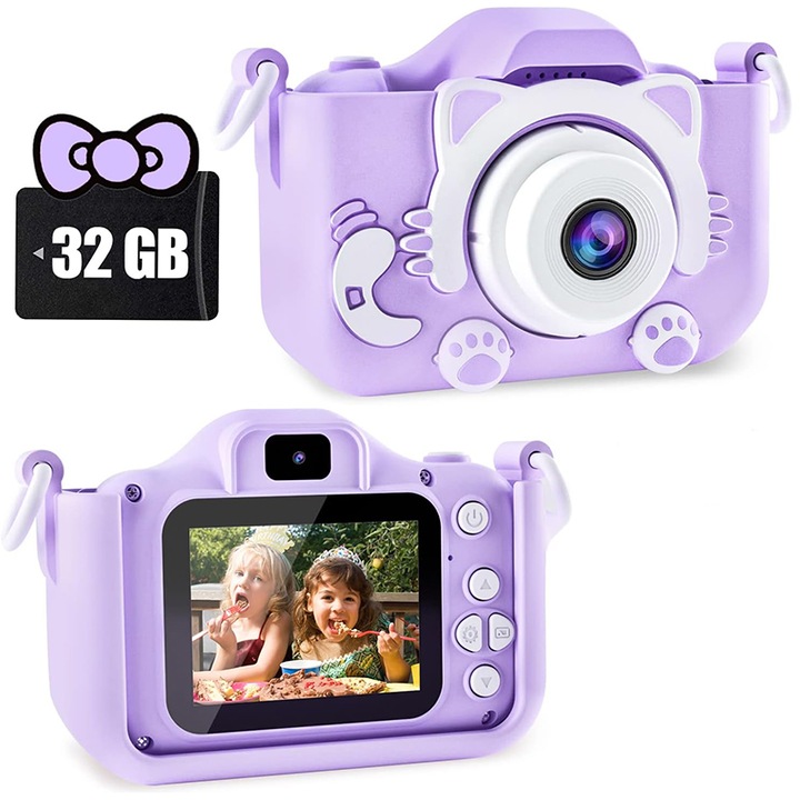 Детски фотоапарат Rqiurpn, 8.0 Mpx, 32GB microSD карта, 1080P HD, 23 милиона пиксела, 3 години+, лилав