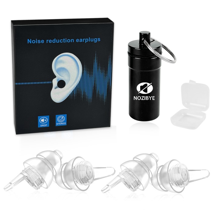 Set 4 buc dopuri urechi, Nozibye®, Reducerea zgomotului si izolarea fonica, Ajutor pentru dormit, Doua dimensiuni S/L, Silicon, Alb