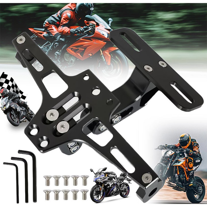 Държач за регистрационен номер за мотоциклет, Excitat®, алуминий, LED осветление, скутери, ATV, съвместим, черен