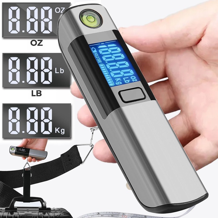 Cantar pentru bagaje de inalta precizie, Excitat®, ABS/Otel inoxidabil, 110 lb/50 kg, Afisaj LCD, Portabil, cu ruleta incorporata, Negru-Argintiu