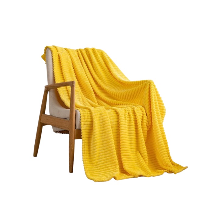 Patura moale din Fleece, MIULEE, Model in dungi, 153 x 203 cm, Galben