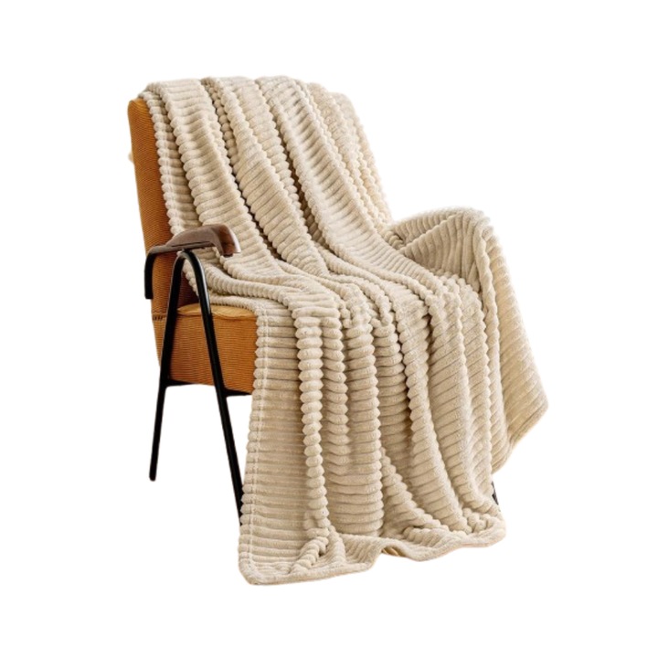 Patura moale din Fleece, MIULEE, Model in dungi, 128x 170 cm, Bej deschis