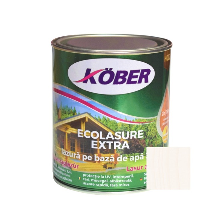Лак / байц 3 в 1 за дърво, Kober Ecolasure Extra, бял, на водна основа, интериор / екстериор, 0.75 L