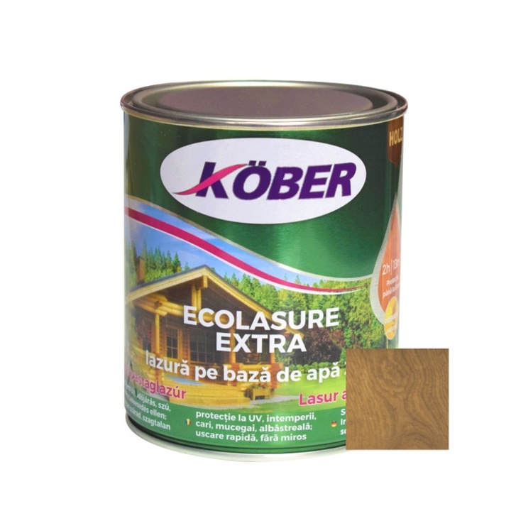 Lac / lazura 3 in 1 pentru lemn Kober Ecolasure Extra, alun, pe baza de apa, interior / exterior, 0.75 L