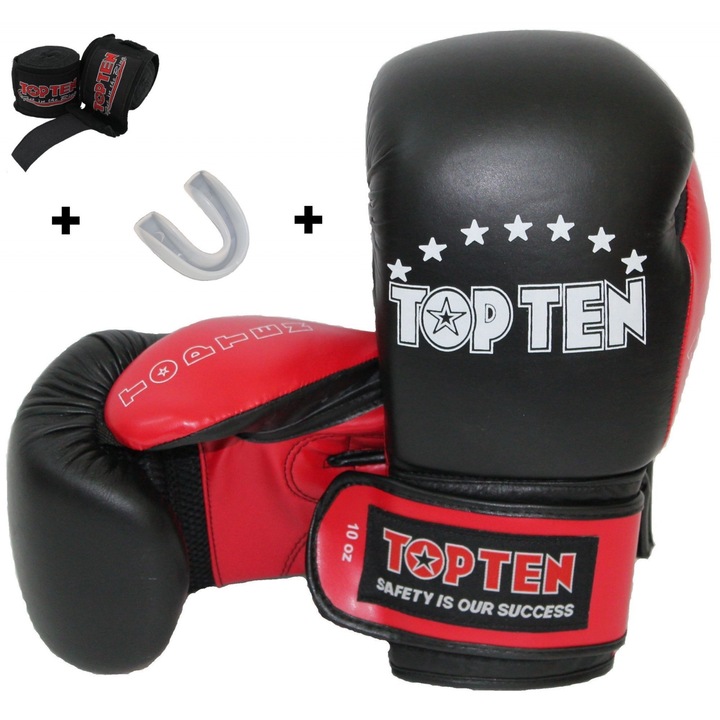 Top Ten Mouth protézis boxkesztyű és kötszer kezdőkészlet, fekete-piros, 16 oz