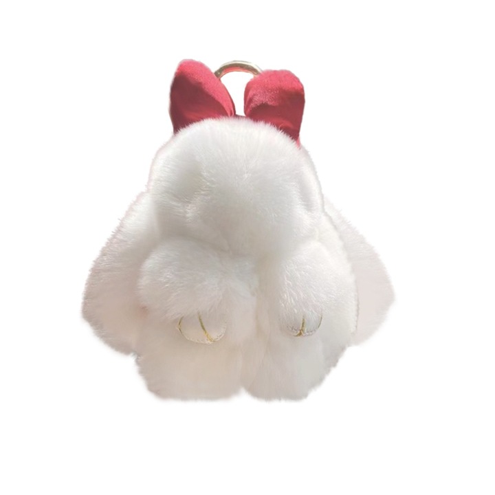 Breloc cu iepuras pufos, CNNIK®, alb, detaliu fundita rosie, dimensiuni ideale