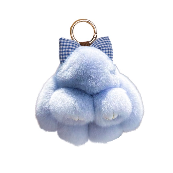 Breloc cu iepuras pufos, CNNIK®, cu fundita, albastru, dimensiuni ideale