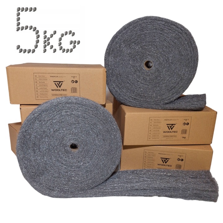 Lana de otel pentru curatare si finisare, lustruire renovare, WOOLTEC Steel Wool, rola de 5 kg, grad finete 0 + 00