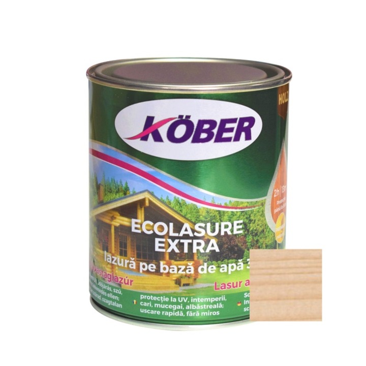 Lac / lazura 3 in 1 pentru lemn, Kober Ecolasure Extra, incolor, pe baza de apa, interior / exterior, 0.75 L