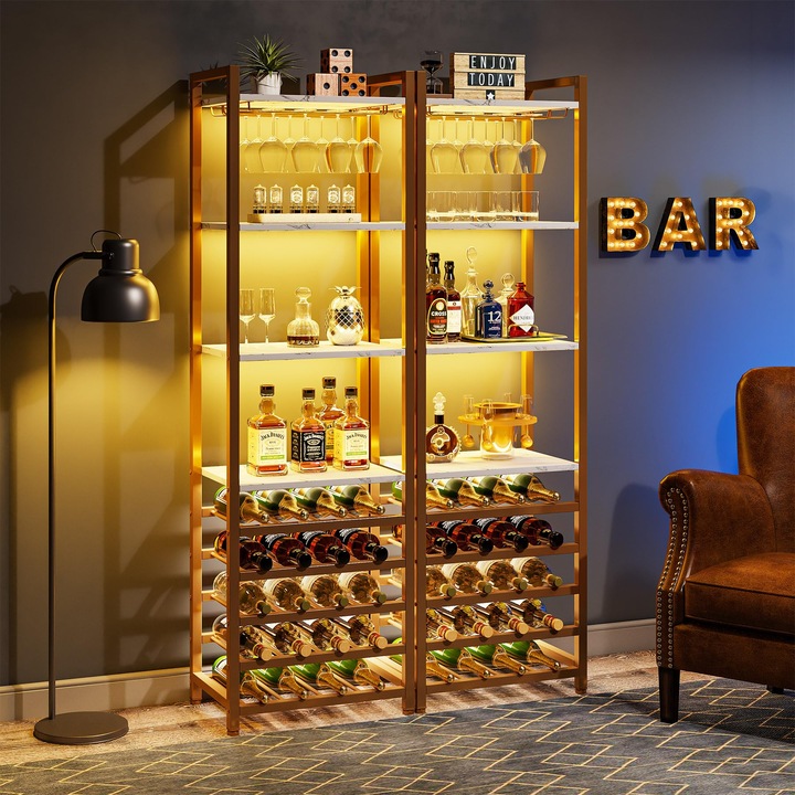 Rack de vin in stil industrial Tribesigns, 180cm inalt 9 etaje, lemn MDF, 180x 35 x 45 cm, aur si alb