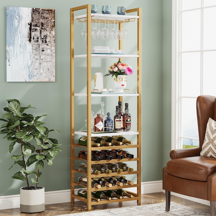 Rack de vin in stil industrial Tribesigns, 180cm inalt 9 etaje, lemn MDF, 180x 35 x 45 cm, aur si alb