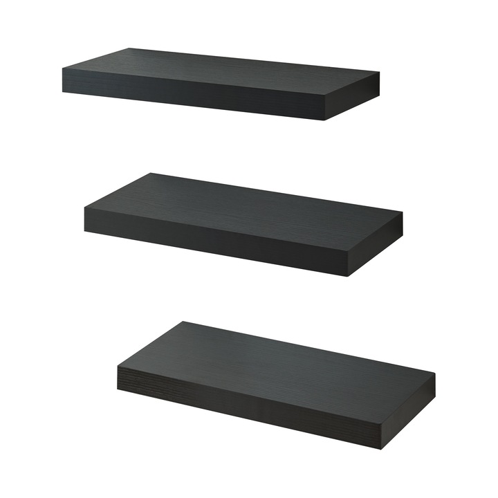 Set 3 buc raft perete, en.casa, Stranda, 38 x 17 x 3, 5 cm, 5 kg, metal, mdf, negru, montabil pe perete
