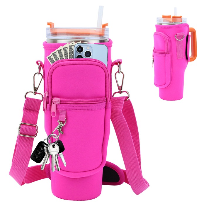 Geanta pentru sticla de apa, potrivita pentru Stanley 40/30 uncii, curea reglabila, cu capac de paie si catarama de siguranta, rosu rosu rosu(Roz gabardine Decoratiuni PVC 1)