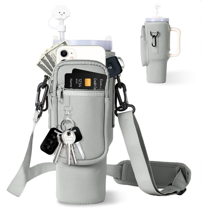 Geanta pentru sticla de apa, potrivita pentru Stanley 40/30 uncii, curea reglabila, cu capac de paie si catarama de siguranta, gri(Gri Decoratiuni PVC 1)