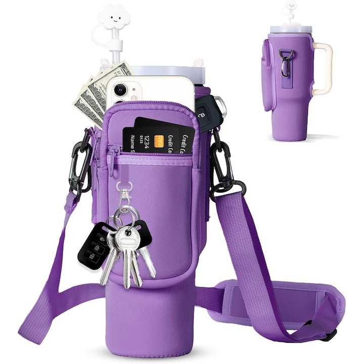 Geanta pentru sticla de apa, potrivita pentru Stanley 40/30 uncii, curea reglabila, cu capac din paie si catarama de siguranta, violet(Mov Decoratiuni PVC 1)