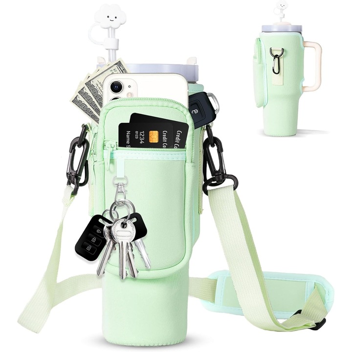 Geanta pentru sticla de apa, potrivita pentru Stanley 40/30 uncii, curea reglabila, cu capac de paie si catarama de siguranta, verde, (Verde menta Decoratiuni PVC 1)