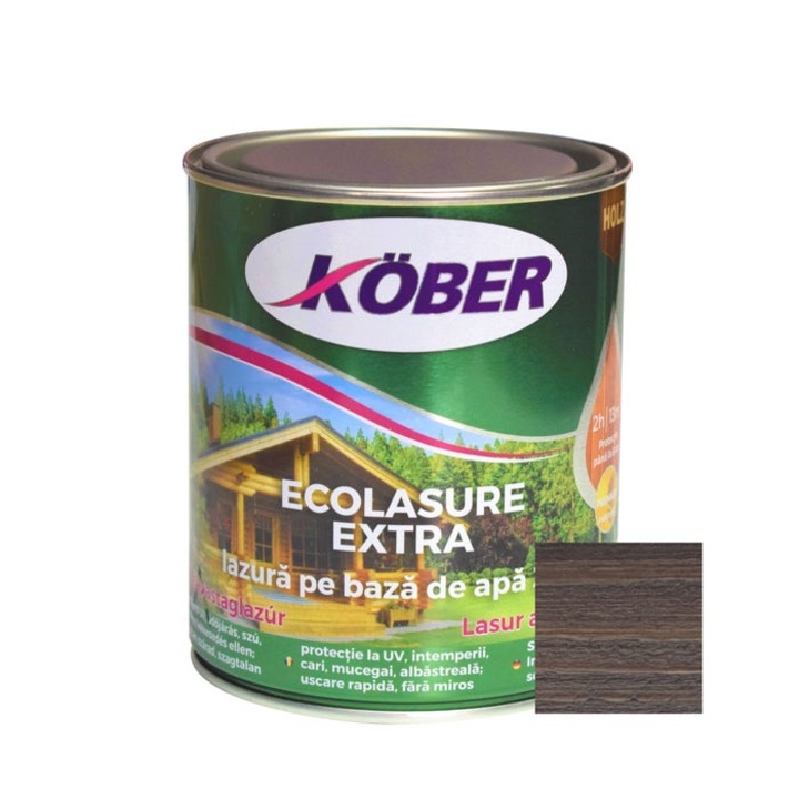 Лак / байц 3 в 1 за дърво, Kober Ecolasure Extra, сив дъб, водна основа, интериор / екстериор, 0.75 L