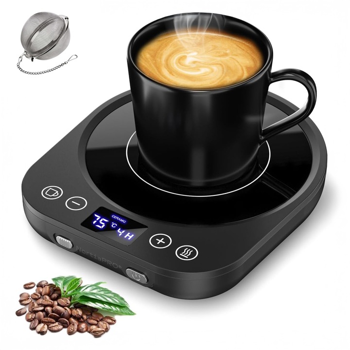 Incalzitor Si Suport Electric Multifunctional Pentru Pahare&Cani De Cafea, Ceai, Alte Bauturi Si Lumanari NortiaPRO®, 9 Trepte de Temperatura, Pornire/Oprire Automata, Functie Smart Cronometru 1-9, Afisaj LED, Portabil, Practic, Infuzor Ceai Inclus, Negru