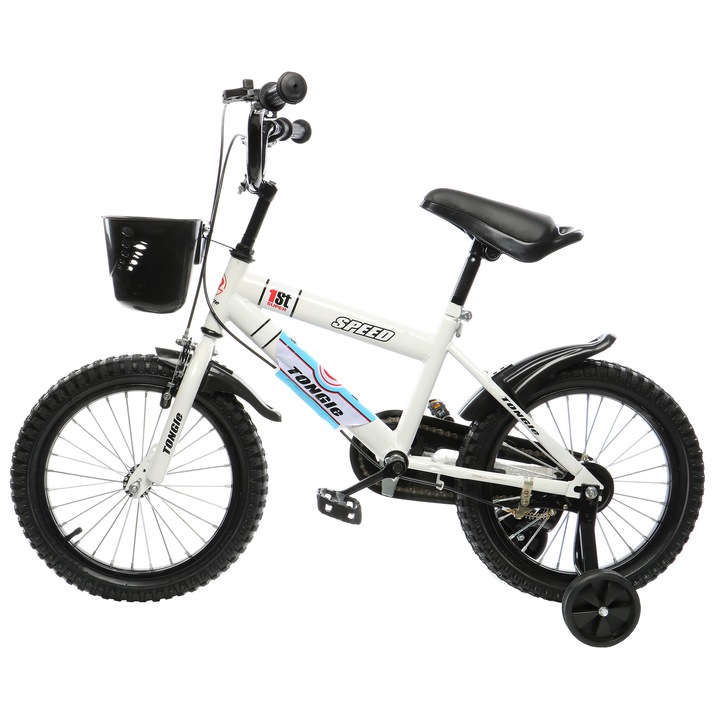Bicicleta copii cu pedale Mappy, alba, 16", cu roti ajutatoare, cosulet si bidon