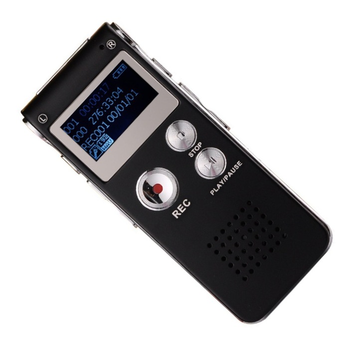 Mini reportofon profesional, memorie interna 8GB, functie MP3 si USB, Inregistrare conferinta, portabil, reducere a zgomotului cu o singura tasta, inregistrare HD, acumulator incorporat, negru