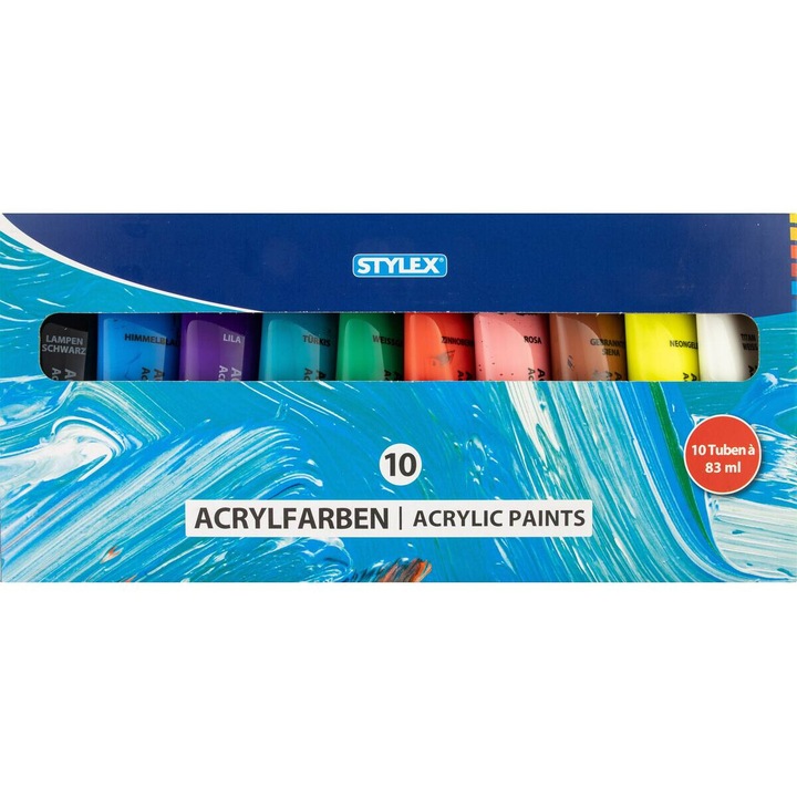 Set acuarele acrilice Stylex 10 culori x 83 ml, 830 ml