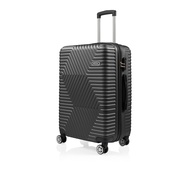 Troler mediu Bezubi POLO, bagaj de cala, 66 x 42 x 29 cm, volum 80 l, maner telescopic, 4 roti duble silentioase, rotire 360°, inchidere cu fermoar si cifru, compartimentare cu buzunar, material ABS Anticasabil, negru