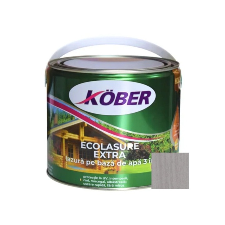 Lac / lazura 3 in 1 pentru lemn, Kober Ecolasure Extra, gri nordic, pe baza de apa, interior / exterior, 2.5 L