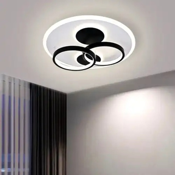 Lustra LED cu 3 tipuri de lumina si telecomanda, alba cu negru, rotunda, 126W, intensitate reglabila, lumina rece/neutra/calda, 49x49x7cm, IP21, aplicata, montaj tavan, LED CONCEPT