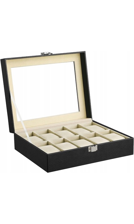 SONGMICS Cutie depozitare si organizare ceasuri, cu 10 locuri, piele sintetica, cu capac de sticla, 20x26x8cm, negru