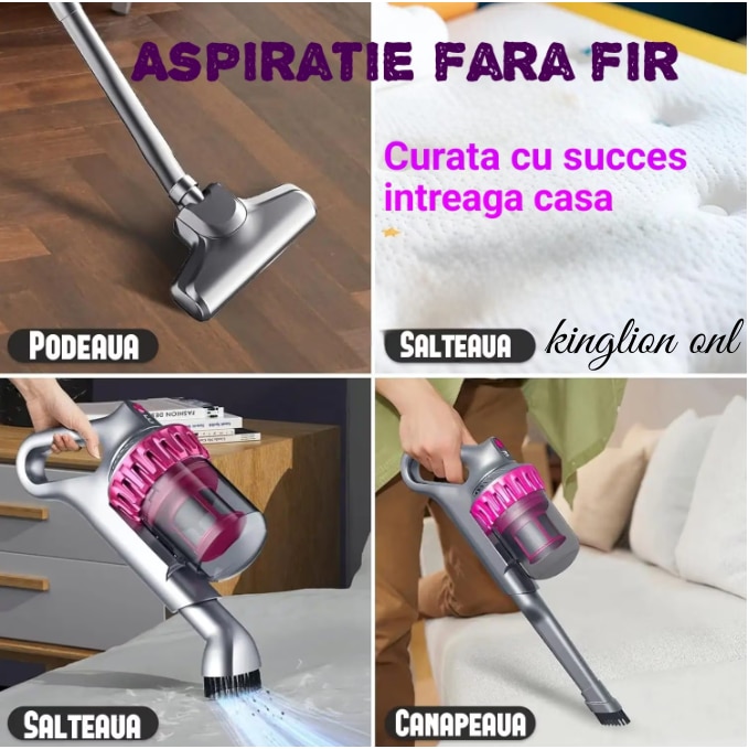Aspirator fara fir KING multifunctional, 3 viteze (ECO, AUTO, TURBO), curatare de praf eficienta, sterilizare mare, pentru masina, indeparteaza acarienii de pe canapea/saltea, filtru HEPA, 100 W, practic/portabil/confortabil, autonomie 30-45 min, Roz