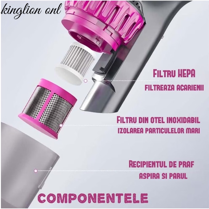 Aspirator fara fir KING multifunctional, 3 viteze (ECO, AUTO, TURBO), curatare de praf eficienta, sterilizare mare, pentru masina, indeparteaza acarienii de pe canapea/saltea, filtru HEPA, 100 W, practic/portabil/confortabil, autonomie 30-45 min, Roz