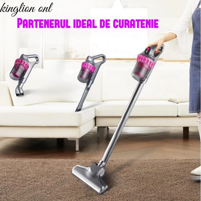 Aspirator fara fir KING multifunctional, 3 viteze (ECO, AUTO, TURBO), curatare de praf eficienta, sterilizare mare, pentru masina, indeparteaza acarienii de pe canapea/saltea, filtru HEPA, 100 W, practic/portabil/confortabil, autonomie 30-45 min, Roz