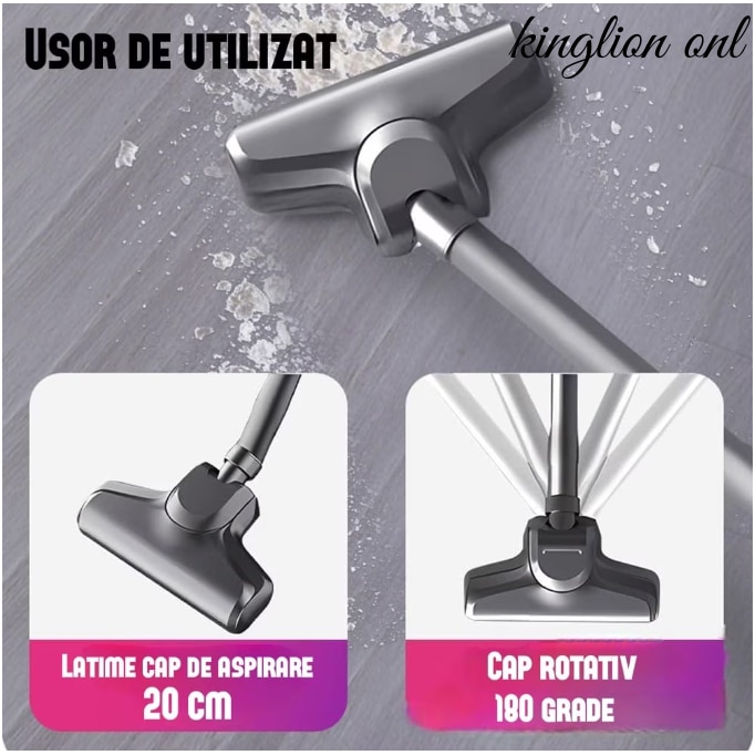 Aspirator fara fir KING multifunctional, 3 viteze (ECO, AUTO, TURBO), curatare de praf eficienta, sterilizare mare, pentru masina, indeparteaza acarienii de pe canapea/saltea, filtru HEPA, 100 W, practic/portabil/confortabil, autonomie 30-45 min, Roz