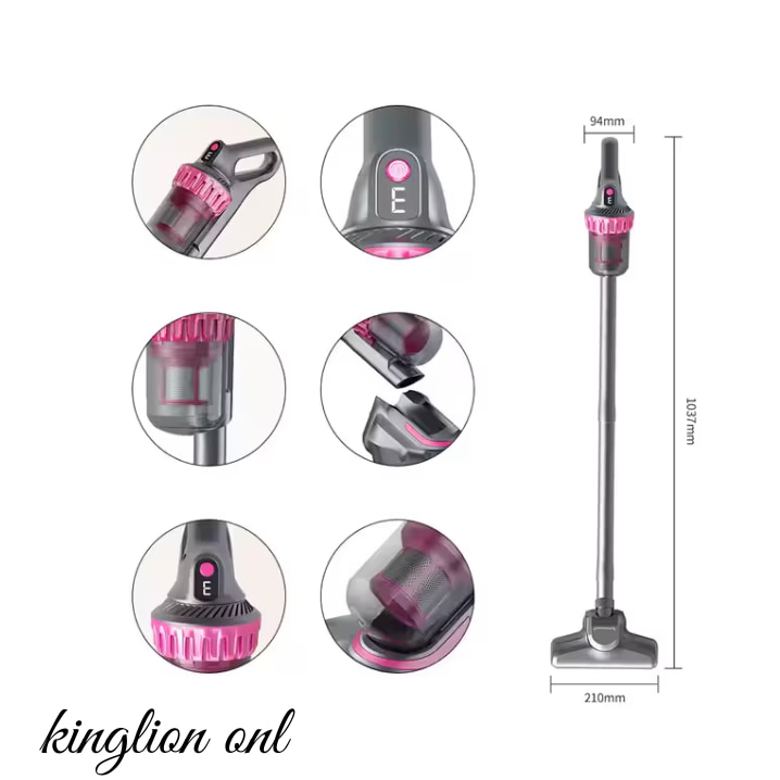 Aspirator fara fir KING multifunctional, 3 viteze (ECO, AUTO, TURBO), curatare de praf eficienta, sterilizare mare, pentru masina, indeparteaza acarienii de pe canapea/saltea, filtru HEPA, 100 W, practic/portabil/confortabil, autonomie 30-45 min, Roz