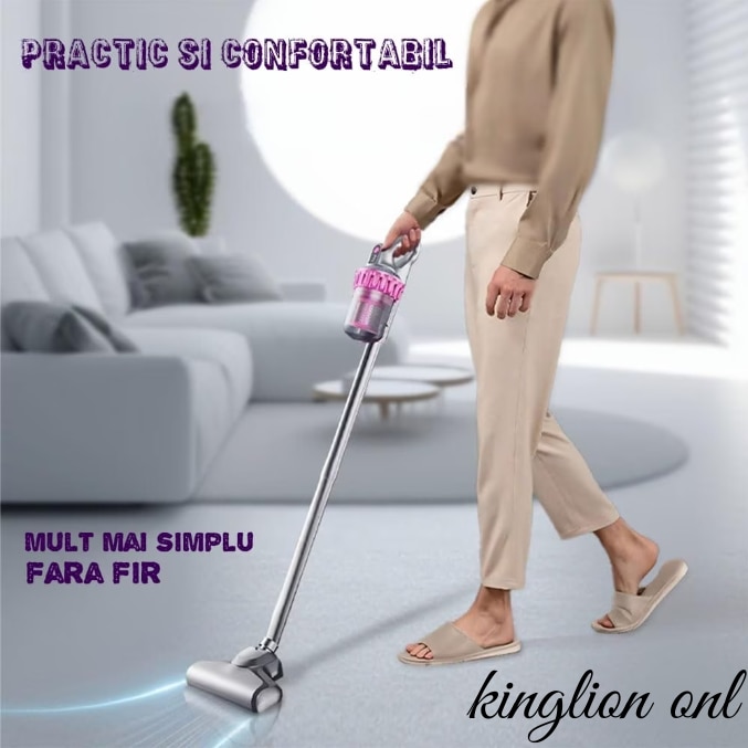 Aspirator fara fir KING multifunctional, 3 viteze (ECO, AUTO, TURBO), curatare de praf eficienta, sterilizare mare, pentru masina, indeparteaza acarienii de pe canapea/saltea, filtru HEPA, 100 W, practic/portabil/confortabil, autonomie 30-45 min, Roz