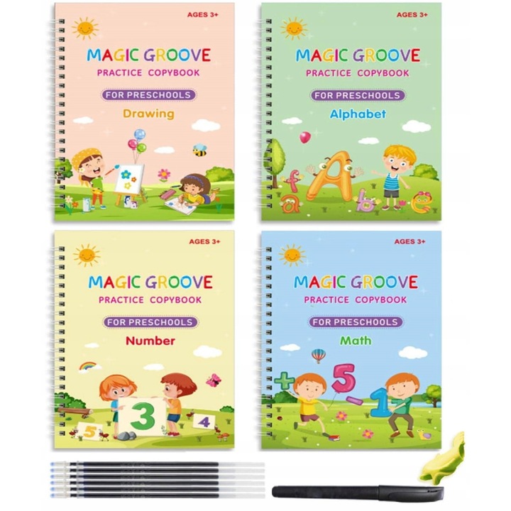 Carti magice, pentru invatarea limbii, scriere, numarare, desen, caligrafie, 4 bucati
