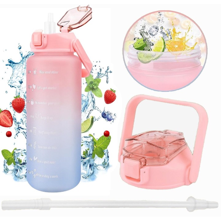 Бутилка за вода Tritan, без BPA, вградена сламка, автоматично отваряне, ергономична, мотивираща, устойчива на течове чаша, за спорт на открито, фитнес, колоездене, 1800 ml