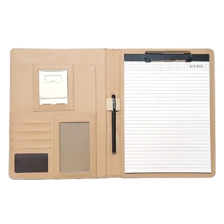 Mapa multifunctionala din piele ecologica, cu suport pentru telefon si clipboard, pentru documente si contracte, 31.8x24.5x3.5cm, roz