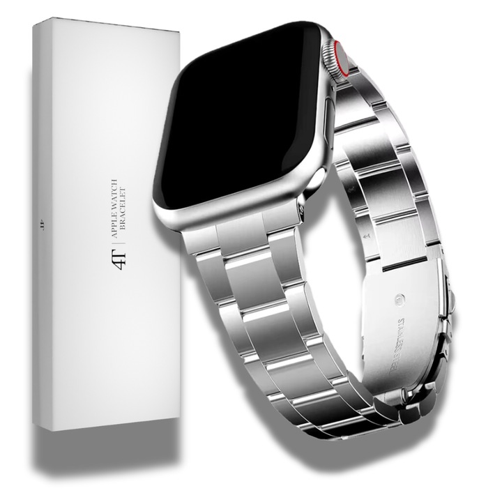 4TechGoods okosóra szíj, Apple Watchhoz 42/44/45/49 46 (10-es sorozat) mm, rozsdamentes acél, vízálló, női ezüst fém karkötő