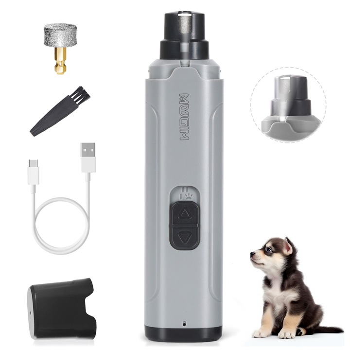 Електрическа пила за нокти за домашни любимци, две скорости, 8500 об./мин., безшумна, с LED светлина, с резервна мелническа глава, USB акумулаторна, сива