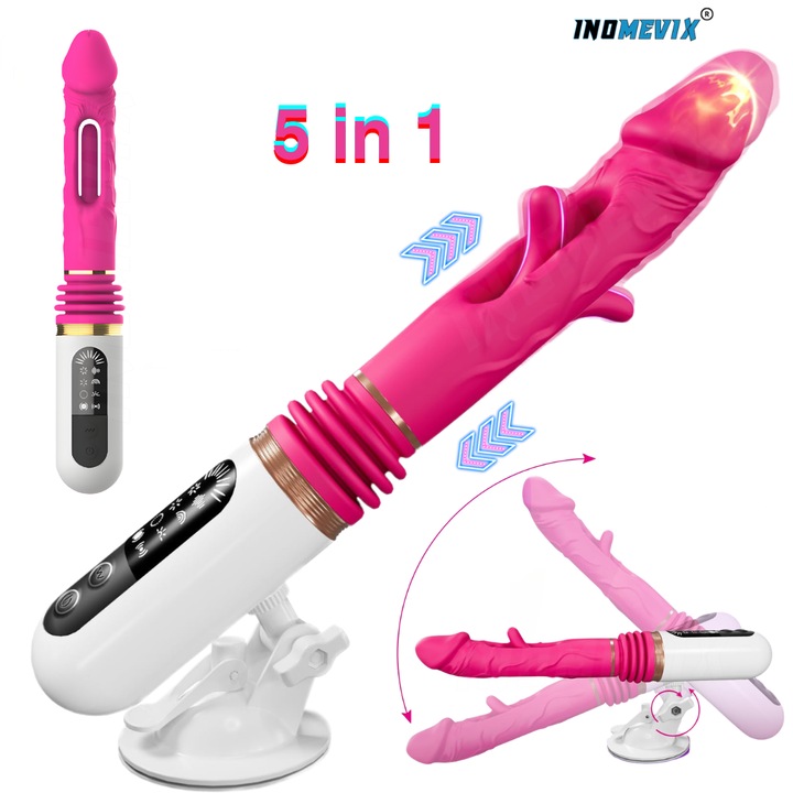 Вибратор за жени, дилдо INOMEVIX® 5 в 1, 8 режима вибрация, 8 режима флатър, 5 режима тласкане, G-точка и клитор стимулация, вендуза, реалистичен силиконов вибратор, медицински силикон, за соло и двойки